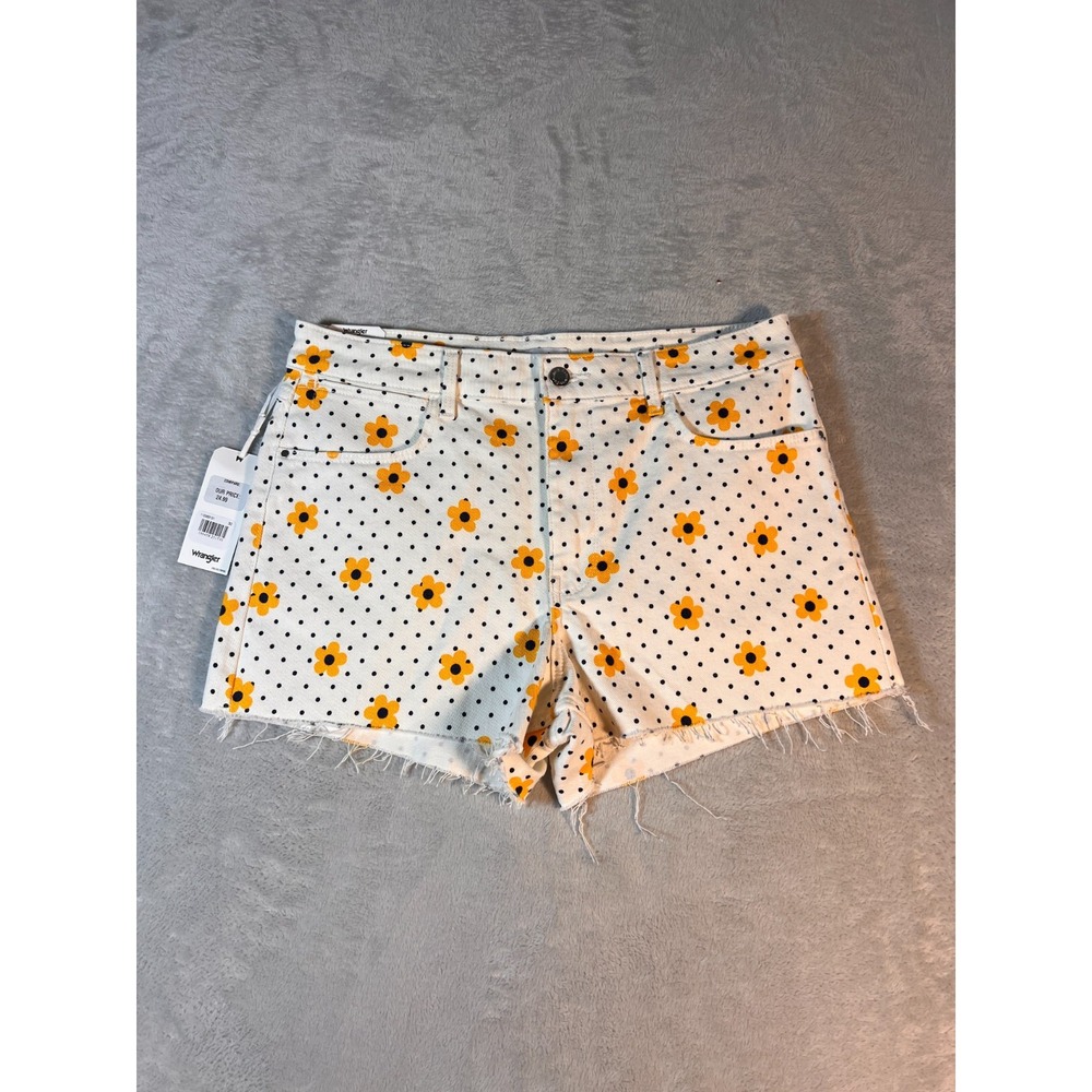 Wrangler White Floral Polka Dot Printed Jean Shorts Yellow‎ Flowers Size 30